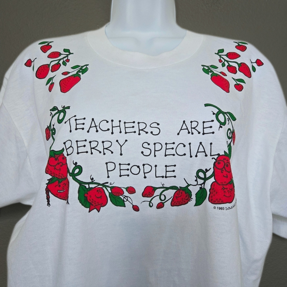 Vintage 90s Teacher Berry Cotton White Red Short Sleeve Shirt Size Large